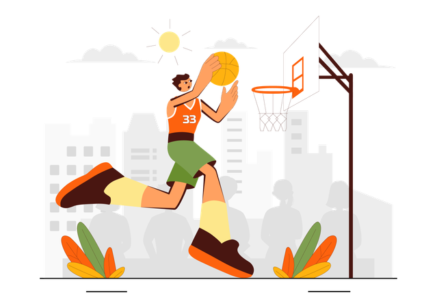 Homme jouant au basket-ball portant un uniforme de basket-ball sur un terrain pour un tournoi  Illustration