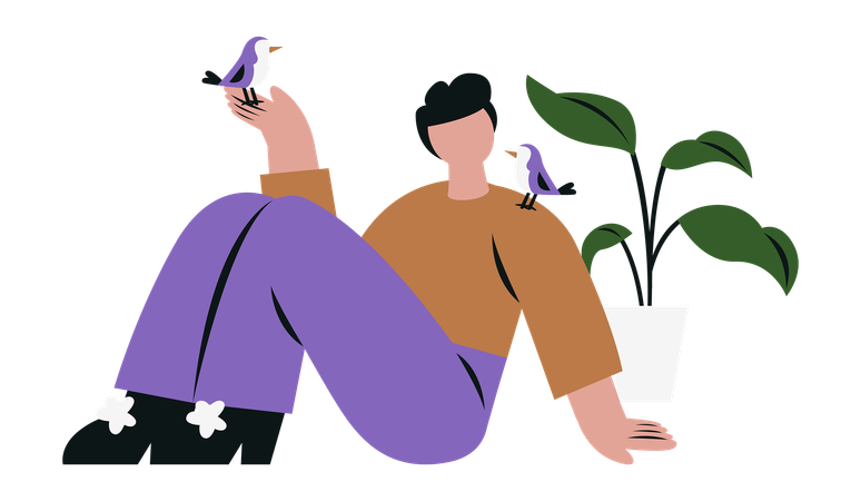 Homme jouant avec des oiseaux  Illustration