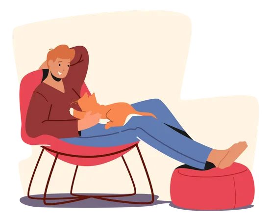 Homme jouant avec un chat pendant les loisirs  Illustration
