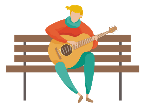 Homme jouant de la guitare assis sur un banc de parc  Illustration