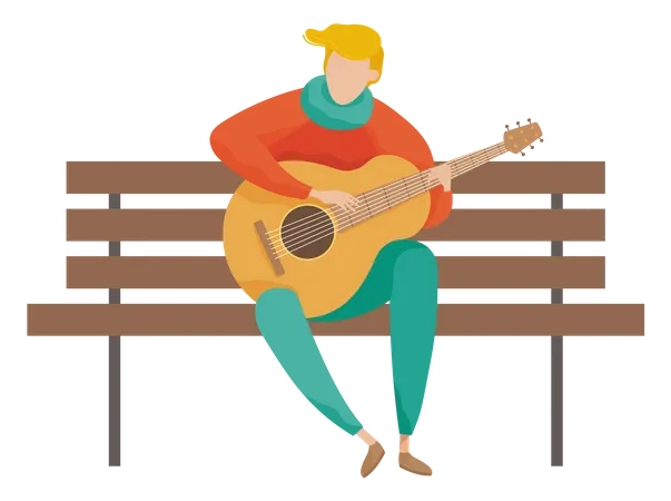 Homme jouant de la guitare assis sur un banc de parc  Illustration