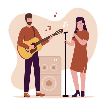 Homme jouant de la guitare et femme chantant avec microphone  Illustration