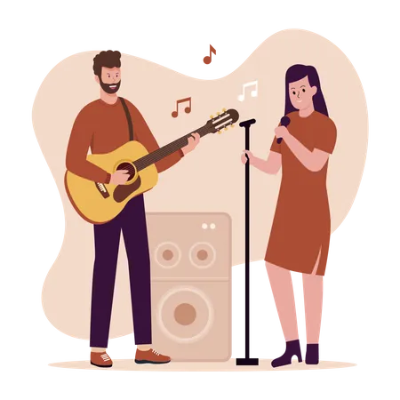 Homme jouant de la guitare et femme chantant avec microphone  Illustration