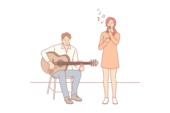 Homme jouant de la guitare et fille chantant  Illustration