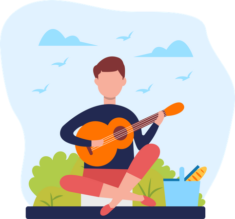 Homme jouant de la guitare en plein air  Illustration