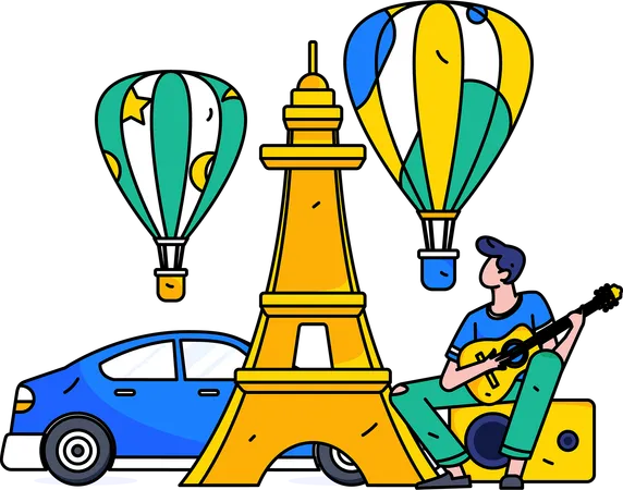 Un homme joue de la guitare pendant un voyage  Illustration