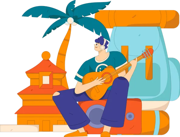 Homme jouant de la guitare sur un terrain de camping  Illustration