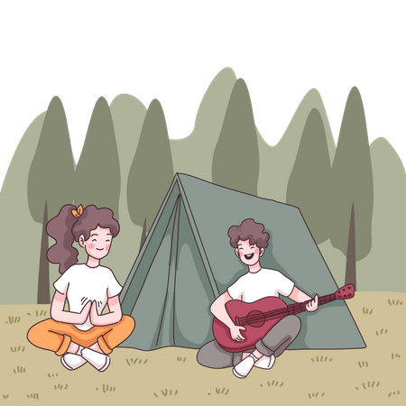 Homme jouant de la guitare en camping  Illustration