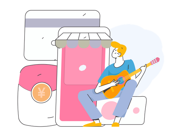 Homme jouant de la guitare tout en faisant des achats en ligne  Illustration