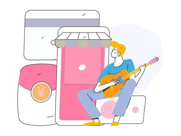 Homme jouant de la guitare tout en faisant des achats en ligne  Illustration