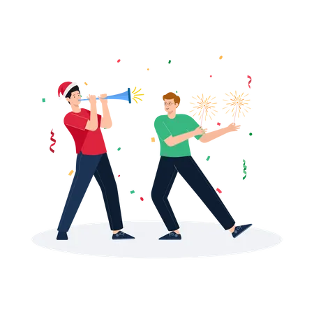 Homme jouant de la trompette à la fête de Noël  Illustration