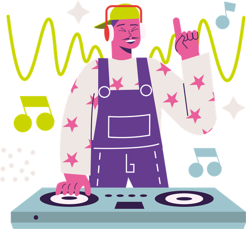 Homme jouant le DJ dans une soirée musicale  Illustration