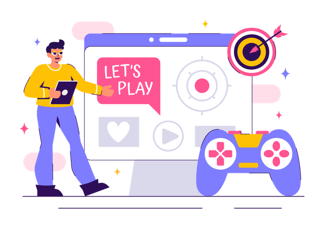 Homme jouant à des jeux sur PC  Illustration