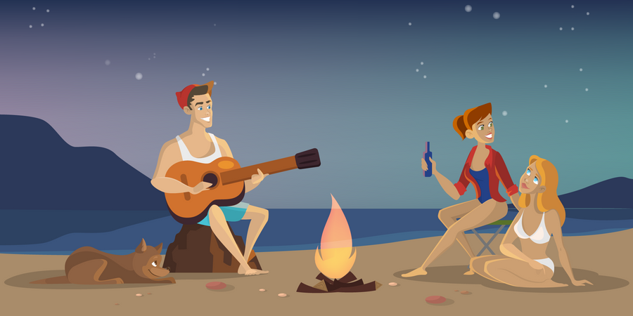 L'homme joue de la guitare à la plage  Illustration