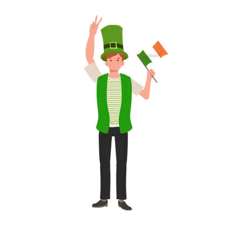 Homme jovial avec drapeau irlandais en tenue verte  Illustration