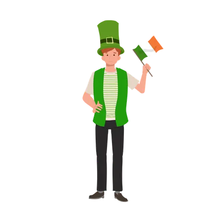 Homme jovial avec drapeau irlandais en tenue verte  Illustration