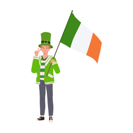 Homme jovial avec drapeau irlandais en tenue verte  Illustration