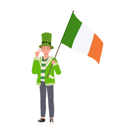 Homme jovial avec drapeau irlandais en tenue verte  Illustration