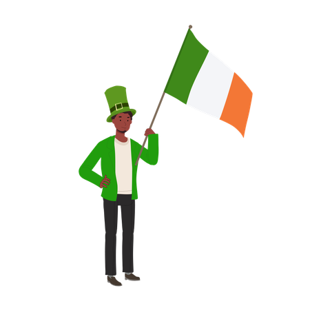 Homme jovial avec drapeau irlandais en tenue verte  Illustration