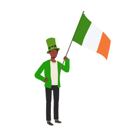 Homme jovial avec drapeau irlandais en tenue verte  Illustration