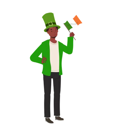 Homme jovial avec drapeau irlandais en tenue verte  Illustration