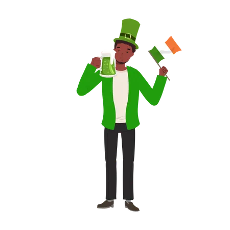 Homme jovial avec drapeau irlandais en tenue verte  Illustration