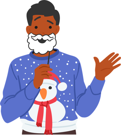 Homme joyeux dans un pull de Noël festif avec bonhomme de neige  Illustration