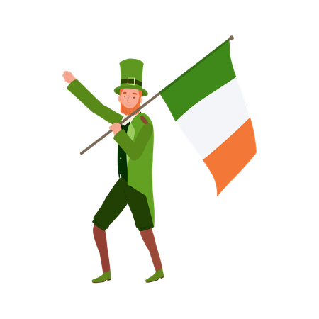 Homme joyeux en costume de lutin tenant le drapeau irlandais  Illustration