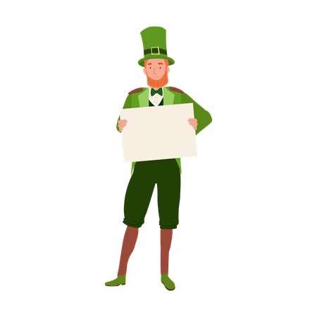 Homme joyeux en costume de lutin tenant une pancarte blanche  Illustration