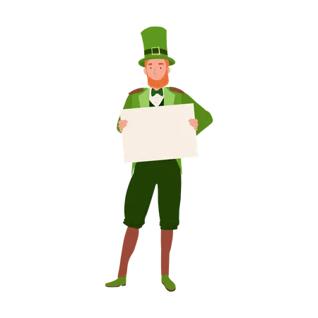 Homme joyeux en costume de lutin tenant une pancarte blanche  Illustration