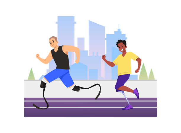 Homme sportif heureux qui court avec des prothèses de jambe  Illustration