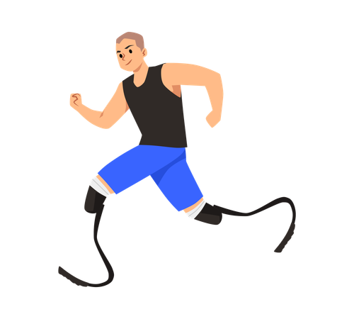 Homme sportif heureux qui court avec des prothèses de jambe  Illustration