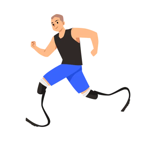 Homme sportif heureux qui court avec des prothèses de jambe  Illustration