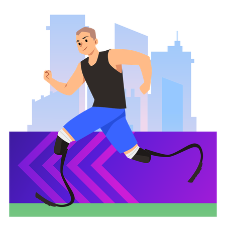 Homme sportif heureux qui court avec des prothèses de jambe  Illustration