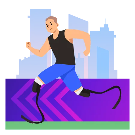 Homme sportif heureux qui court avec des prothèses de jambe  Illustration