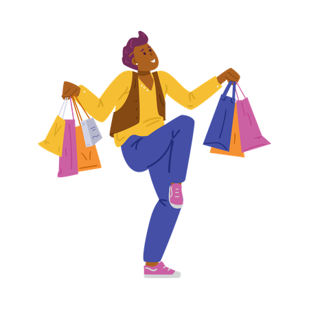 Homme joyeux et joyeux avec des sacs de magasin dans les mains  Illustration