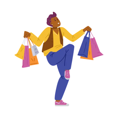 Homme joyeux et joyeux avec des sacs de magasin dans les mains  Illustration