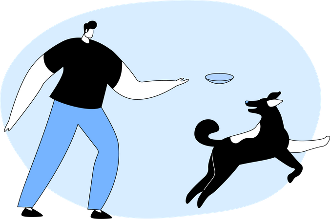 Un homme lance un disque volant en jouant avec un animal de compagnie  Illustration