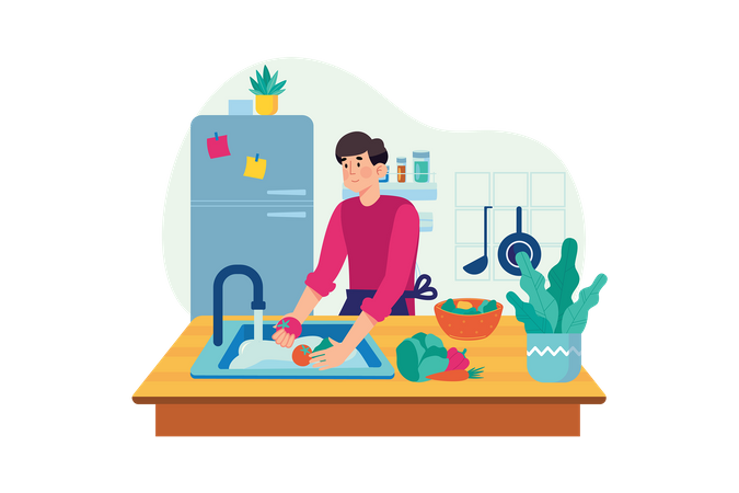 Homme lavant des légumes dans la cuisine  Illustration