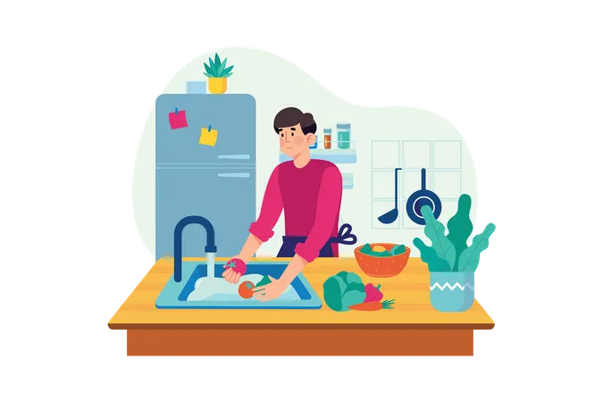 Homme lavant des légumes dans la cuisine  Illustration