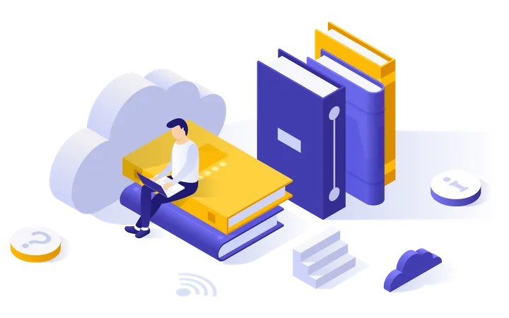 Homme lisant depuis une bibliothèque de livres sur le cloud  Illustration