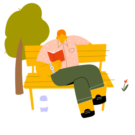 Homme lisant un livre assis dans un parc  Illustration