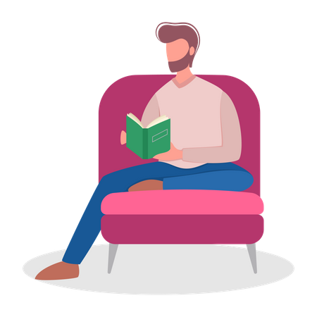 Homme lisant un livre assis sur une chaise  Illustration