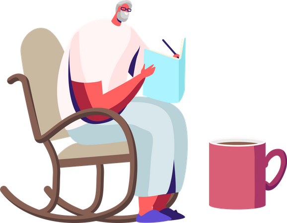 Homme lisant un livre assis sur une chaise roulante  Illustration