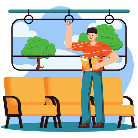 Homme lisant un livre dans le train  Illustration