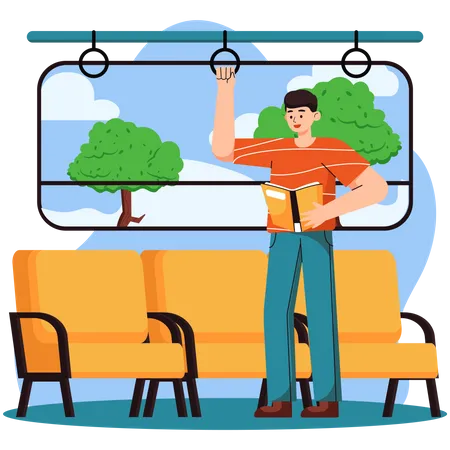 Homme lisant un livre dans le train  Illustration