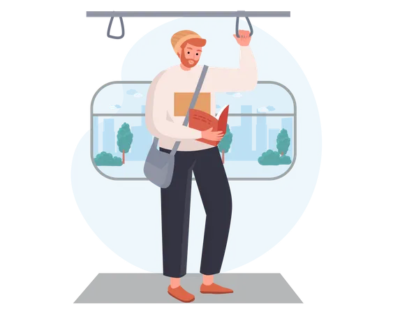 Homme lisant un livre en voyageant en train  Illustration