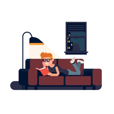 Homme lisant un livre sur un canapé la nuit  Illustration