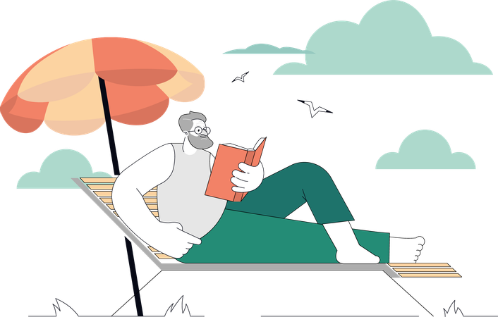 Un homme lit un livre au bord de la mer  Illustration