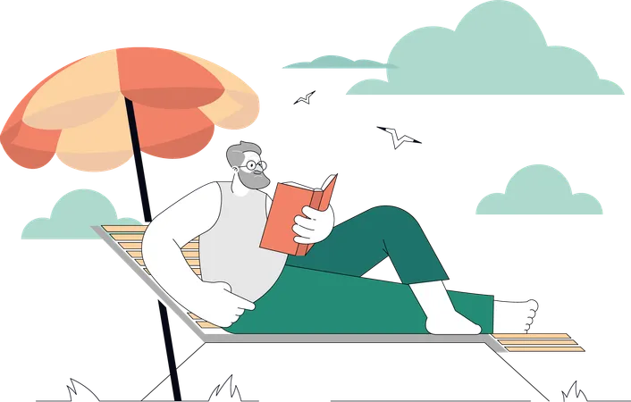 Un homme lit un livre au bord de la mer  Illustration